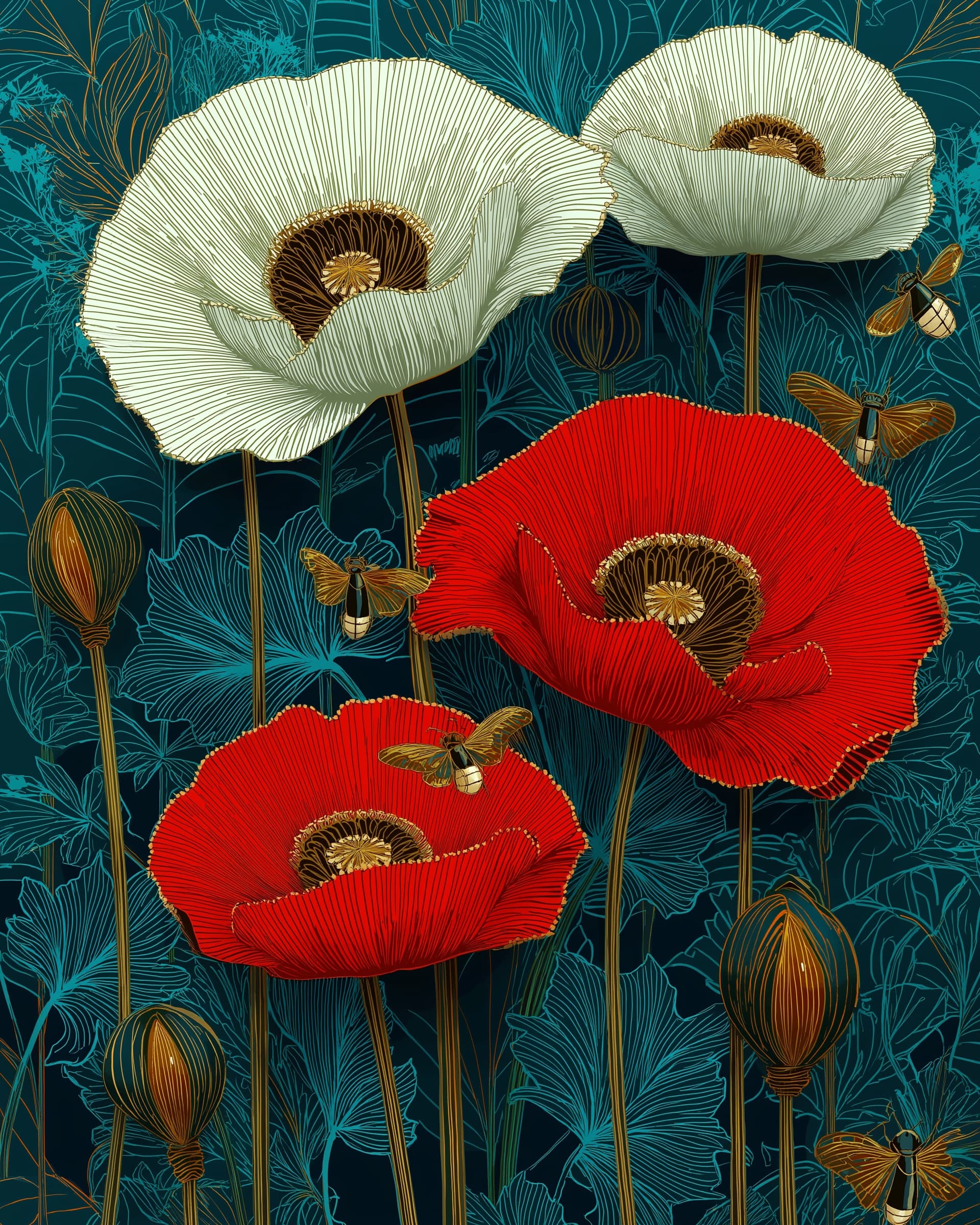 White and coral poppies with bees on deep teal.