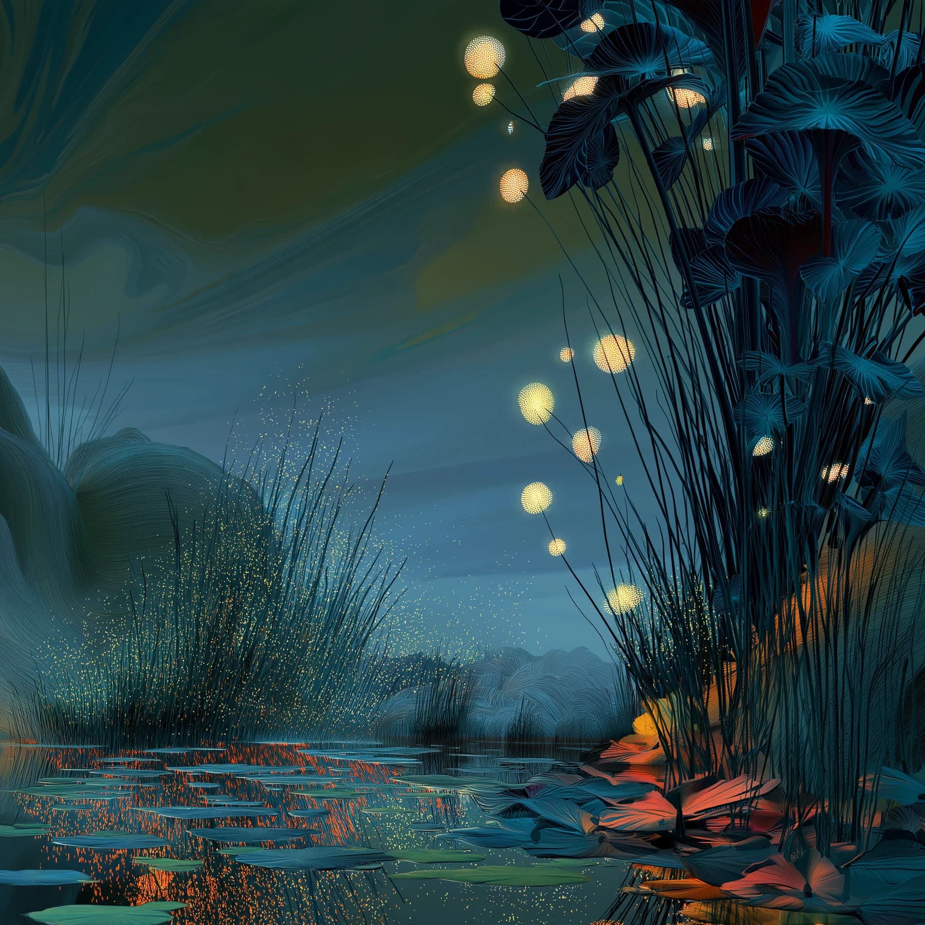 A teal pond with fine reeds and small golden lights, reflected in the water.