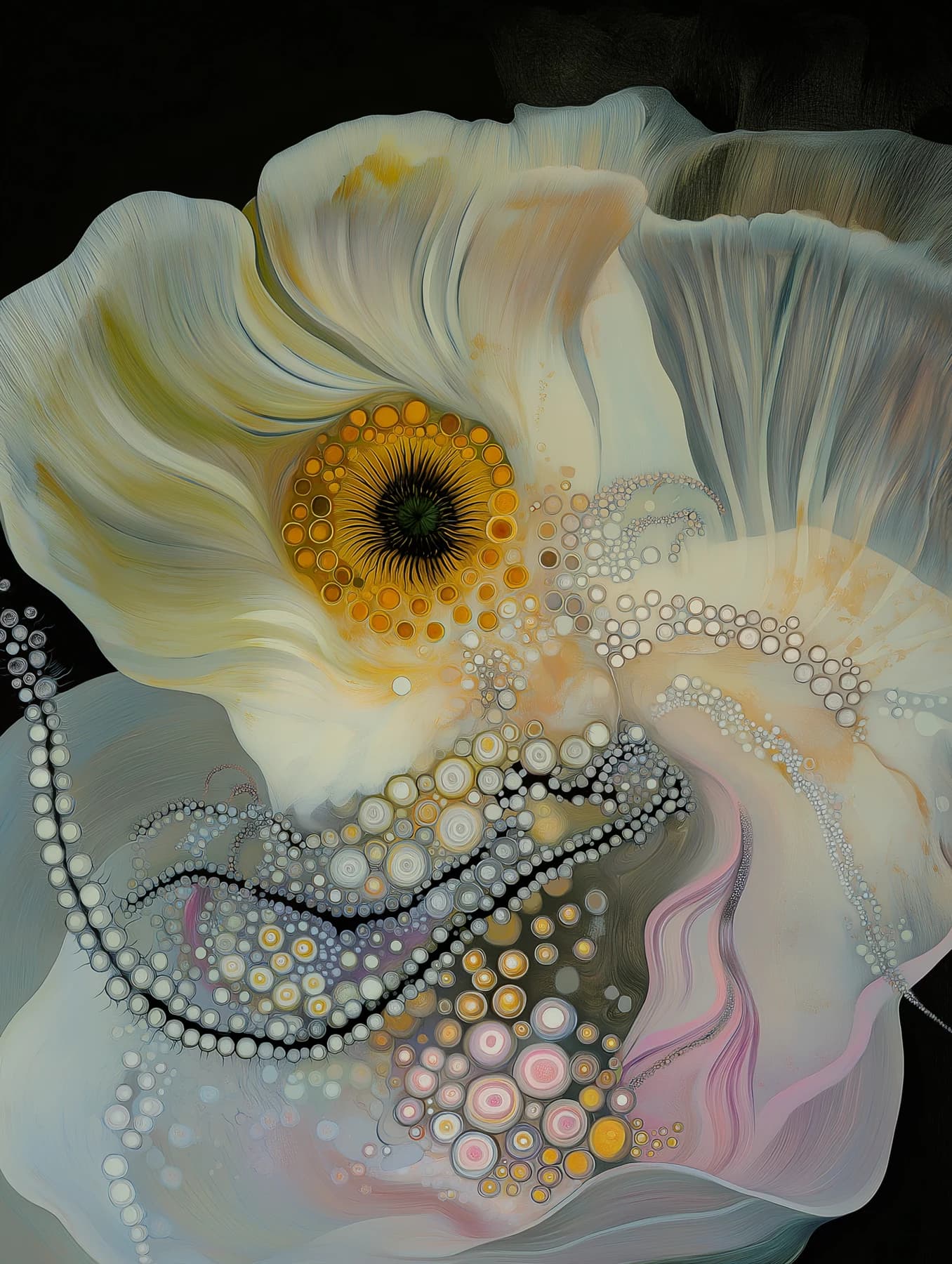 An ivory flower with flowing pearl-like cellular patterns and a golden center.