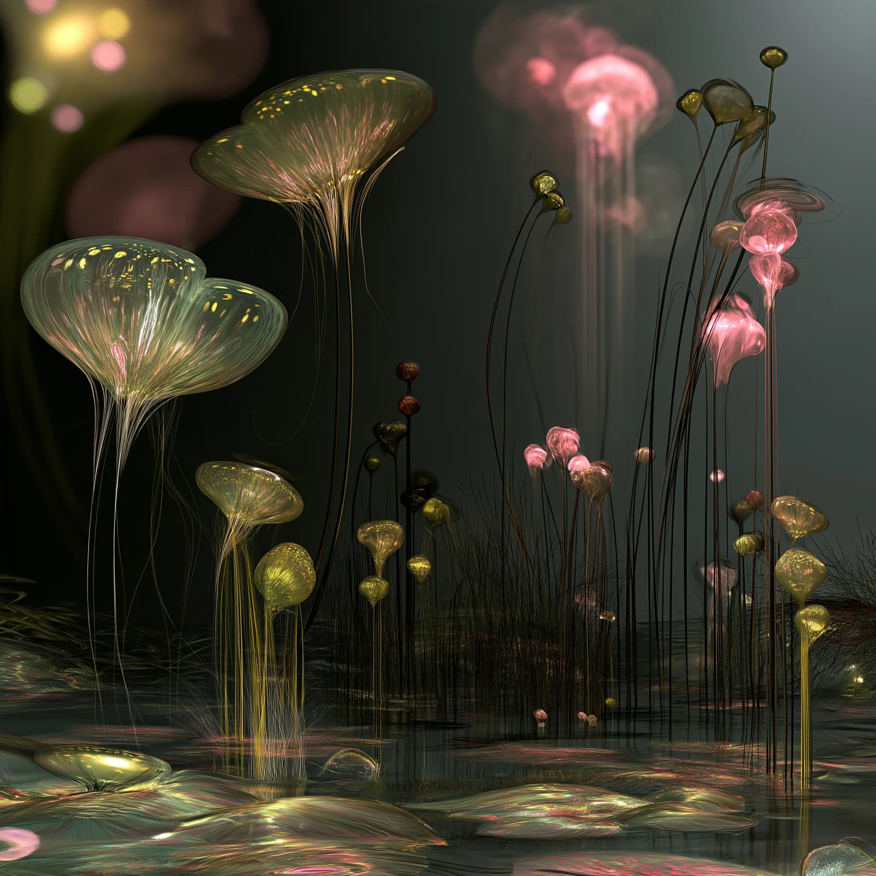 Delicate translucent pink and gold growths glowing above a dark pond.